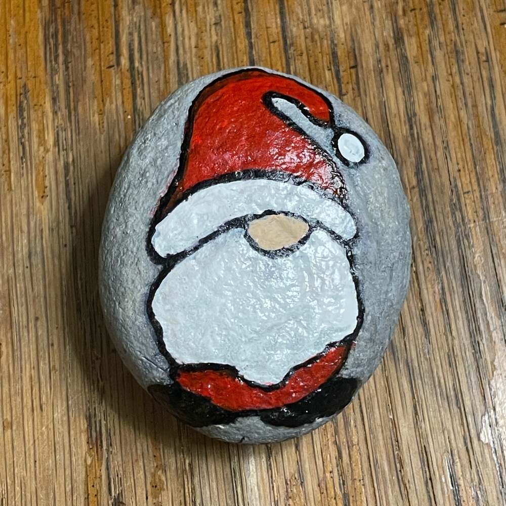 Hand crafted painted Santa Claus gnome rock red hat white long beard round stone - Picture 3 of 6